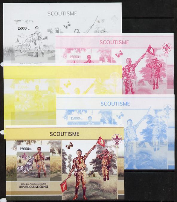 Guinea - Conakry 2013 Scouting & Butterflies #2 m/sheet - the set of 5 imperf progressive proofs comprising the 4 individual colours plus all 4-colour composite, unmounted mint , stamps on scouts, stamps on butterflies
