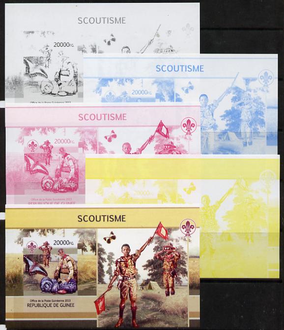 Guinea - Conakry 2013 Scouting & Butterflies #3 m/sheet - the set of 5 imperf progressive proofs comprising the 4 individual colours plus all 4-colour composite, unmounted mint , stamps on scouts, stamps on butterflies
