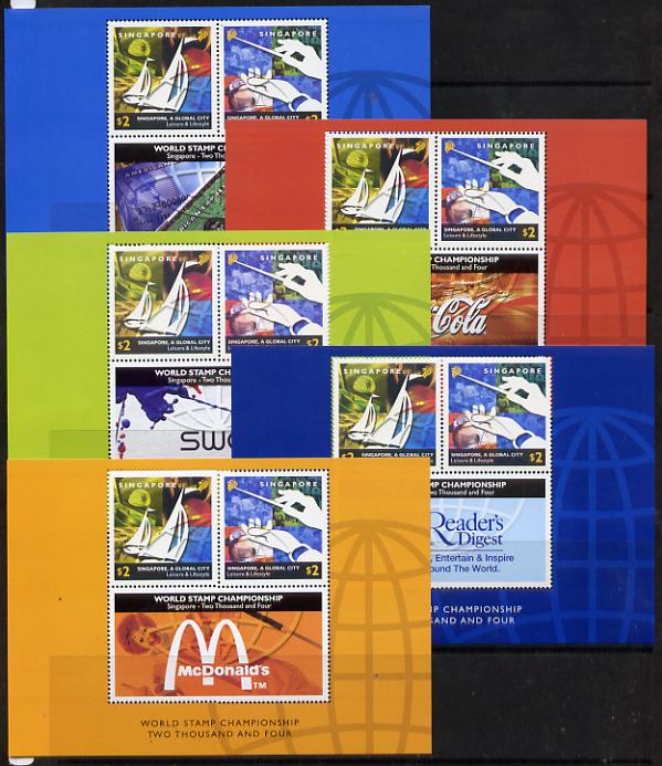 Singapore 2002 Singapore - A Global City 1st series set of 5 m/sheets each containing set of 2 values plus different double stamp-sized labels unmounted mint as SG 1259-60, stamps on , stamps on  stamps on ships, stamps on  stamps on music, stamps on  stamps on tourism, stamps on  stamps on 