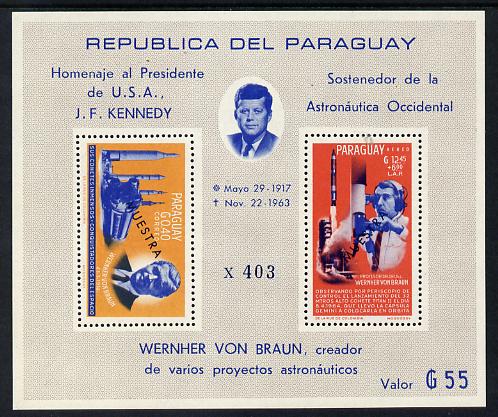 Paraguay 1967 Kennedy & Space Anniversary perf m/sheet overprinted MUESTRA unmounted mint, stamps on space, stamps on kennedy, stamps on rockets, stamps on usa presidents