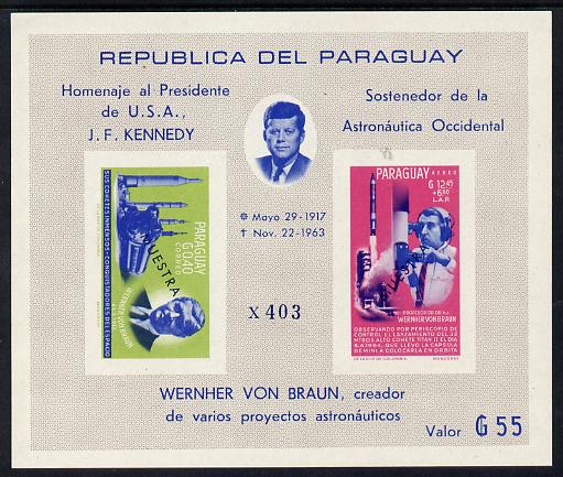 Paraguay 1967 Kennedy & Space Anniversary imperf m/sheet overprinted MUESTRA unmounted mint, stamps on space, stamps on kennedy, stamps on rockets, stamps on usa presidents