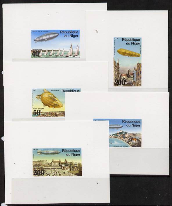 Niger Republic 1976 Zeppelin set of 5 individual deluxe die proofs sheetlets in issued colours unmounted mint, as SG 624-28, stamps on , stamps on  stamps on aviation, stamps on  stamps on airships, stamps on  stamps on zeppelins