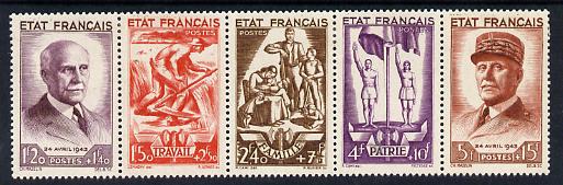 France 1943 National Relief Fund strip of 5 mounted mint SG 780a, stamps on militaria