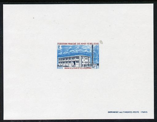 French Afars & Issas 1968-70 Buildings & Landmarks - Broadcasting Station 1f Epreuve deluxe proof sheet in issued colours, as SG 521, stamps on buildings, stamps on  tv , stamps on radio