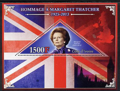 Ivory Coast 2013 Tribute to Margaret Thatcher perf s/sheet containing triangular value unmounted mint, stamps on , stamps on  stamps on personalities, stamps on  stamps on constitutions, stamps on  stamps on women, stamps on  stamps on flags, stamps on  stamps on london, stamps on  stamps on triangulars