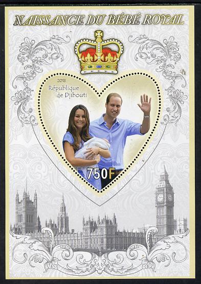 Djibouti 2013 Birth of Royal Baby (George) perf s/sheet containing Heart Shaped value unmounted mint, stamps on , stamps on  stamps on royalty, stamps on  stamps on william, stamps on  stamps on kate, stamps on  stamps on george, stamps on  stamps on shaped, stamps on  stamps on london