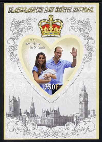 Djibouti 2013 Birth of Royal Baby (George) imperf s/sheet containing Heart Shaped value unmounted mint, stamps on , stamps on  stamps on royalty, stamps on  stamps on william, stamps on  stamps on kate, stamps on  stamps on george, stamps on  stamps on shaped, stamps on  stamps on london