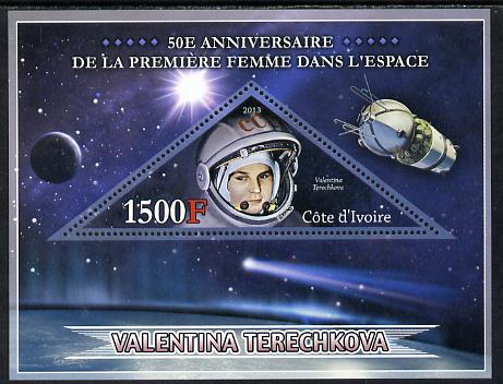 Ivory Coast 2013 50th Anniversary of First Woman in Space perf s/sheet containing triangular value unmounted mint, stamps on personalities, stamps on space, stamps on women, stamps on triangulars, stamps on satellites