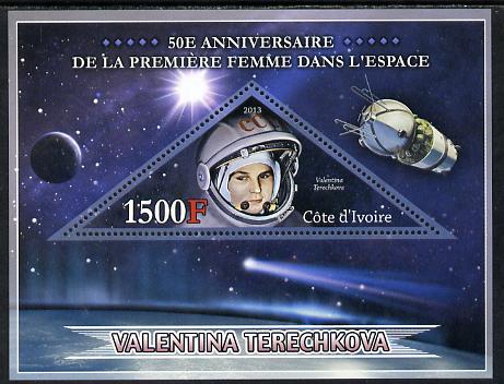 Ivory Coast 2013 50th Anniversary of First Woman in Space perf s/sheet containing triangular value unmounted mint, stamps on , stamps on  stamps on personalities, stamps on  stamps on space, stamps on  stamps on women, stamps on  stamps on triangulars, stamps on  stamps on satellites