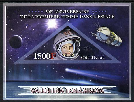 Ivory Coast 2013 50th Anniversary of First Woman in Space imperf s/sheet containing triangular value unmounted mint, stamps on personalities, stamps on space, stamps on women, stamps on triangulars, stamps on satellites
