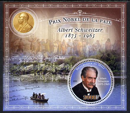 Mali 2013 Albert Schweitzer - Nobel Peace Prize perf s/sheet containing circular value unmounted mint, stamps on personalities, stamps on peace, stamps on nobel, stamps on music, stamps on religion, stamps on schweitzer, stamps on shaped