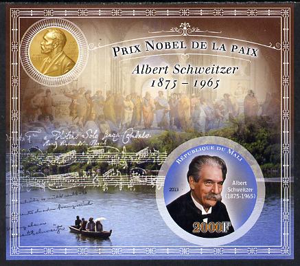 Mali 2013 Albert Schweitzer - Nobel Peace Prize imperf s/sheet containing circular value unmounted mint, stamps on personalities, stamps on peace, stamps on nobel, stamps on music, stamps on religion, stamps on schweitzer, stamps on shaped