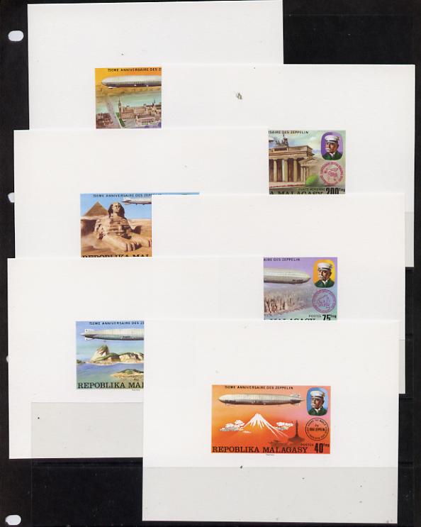 Malagasy Republic 1976 75th Anniversay of Zeppelin set of 6 imperf deluxe sheets in issued colours on thin card, as SG 346-51, stamps on , stamps on  stamps on aviation, stamps on  stamps on zeppelins, stamps on  stamps on airships