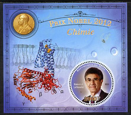 Mali 2013 Nobel Prize Winners for 2012 - Robert J Lefkowitz (Chemistry) perf s/sheet containing circular value unmounted mint, stamps on , stamps on  stamps on personalities, stamps on  stamps on nobel, stamps on  stamps on chemistry, stamps on  stamps on shaped