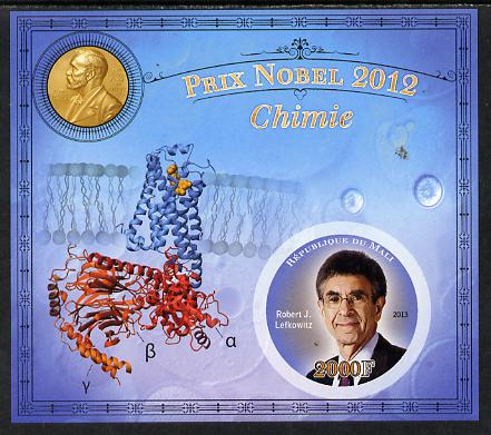 Mali 2013 Nobel Prize Winners for 2012 - Robert J Lefkowitz (Chemistry) imperf s/sheet containing circular value unmounted mint, stamps on , stamps on  stamps on , stamps on  stamps on shaped