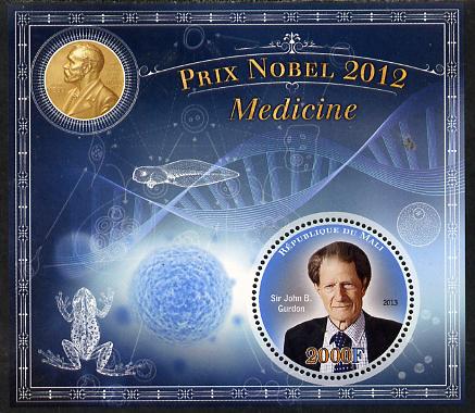 Mali 2013 Nobel Prize Winners for 2012 - Sir John B Gurdon(Medicine) perf s/sheet containing circular value unmounted mint, stamps on , stamps on  stamps on personalities, stamps on  stamps on nobel, stamps on  stamps on frogs, stamps on  stamps on medical, stamps on  stamps on shaped