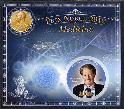 Mali 2013 Nobel Prize Winners for 2012 - Sir John B Gurdon(Medicine) imperf s/sheet containing circular value unmounted mint, stamps on personalities, stamps on nobel, stamps on frogs, stamps on medical, stamps on shaped