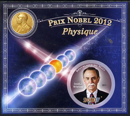 Mali 2013 Nobel Prize Winners for 2012 - David J Wineland (Physics) imperf s/sheet containing circular value unmounted mint, stamps on , stamps on  stamps on personalities, stamps on  stamps on nobel, stamps on  stamps on physics, stamps on  stamps on shaped