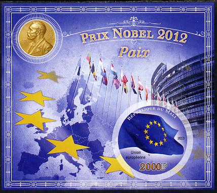 Mali 2013 Nobel Prize Winners for 2012 - European Union (Peace) imperf s/sheet containing circular value unmounted mint, stamps on , stamps on  stamps on nobel, stamps on  stamps on europa, stamps on  stamps on peace, stamps on  stamps on flags, stamps on  stamps on shaped