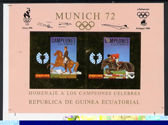 Equatorial Guinea 1972 Munich Olympics Show Jumping #1 imperf deluxe m/sheet proof in gold with pink border with overptints in margin unmounted mint minor wrinkles, stamps on olympics, stamps on horses, stamps on concorde, stamps on satellites