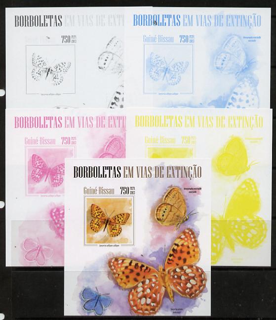 Guinea - Bissau 2013 Butterflies #06 m/sheet - the set of 5 imperf progressive proofs comprising the 4 individual colours plus all 4-colour composite, unmounted mint , stamps on butterflies