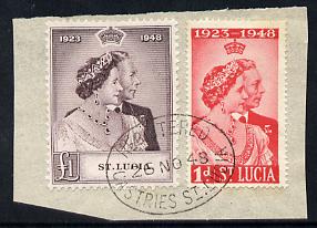 St Lucia 1948 KG6 Royal Silver Wedding set of 2 on pice with reg oval cancel SG 144-5, stamps on , stamps on  stamps on , stamps on  stamps on  kg6 , stamps on  stamps on royalty, stamps on  stamps on silver wedding