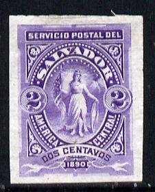 El Salvador 1890 2c imperf colour trial proof in violet on thin paper without gum as SG 31, stamps on , stamps on  stamps on el salvador 1890 2c imperf colour trial proof in violet on thin paper without gum as sg 31