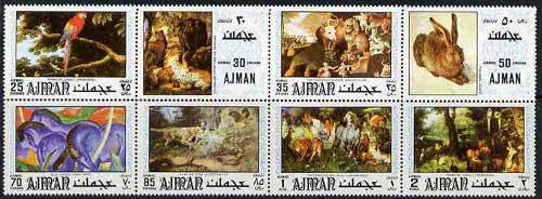 Ajman 1971 Paintings of Animals or Birds perf set of 8 unmounted mint (Mi 1099-1106A), stamps on , stamps on  stamps on arts, stamps on  stamps on animals, stamps on  stamps on durer, stamps on  stamps on bruegel, stamps on  stamps on birds, stamps on  stamps on parrots