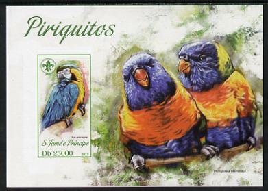 St Thomas & Prince Islands 2013 Parrots #1 with Scout Logo imperf m/sheet unmounted mint. Note this item is privately produced and is offered purely on its thematic appeal, stamps on , stamps on  stamps on scouts, stamps on  stamps on birds, stamps on  stamps on parrots