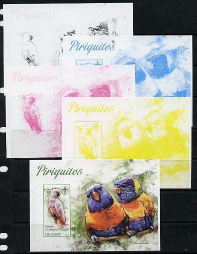 St Thomas & Prince Islands 2013 Parrots #3 with Scout Logo - the set of 5 imperf progressive proofs comprising the 4 individual colours plus all 4-colour composite, unmou..., stamps on scouts, stamps on birds, stamps on parrots