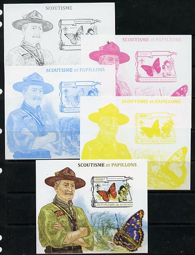 Burundi 2013 Scouting & Butterflies #2 - the set of 5 imperf progressive proofs comprising the 4 individual colours plus all 4-colour composite, unmounted mint, stamps on scouts, stamps on birds, stamps on parrots