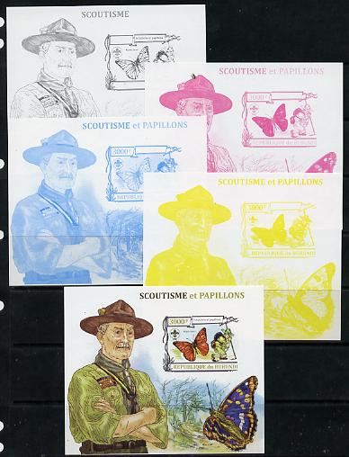 Burundi 2013 Scouting & Butterflies #2 - the set of 5 imperf progressive proofs comprising the 4 individual colours plus all 4-colour composite, unmounted mint, stamps on , stamps on  stamps on scouts, stamps on  stamps on birds, stamps on  stamps on parrots