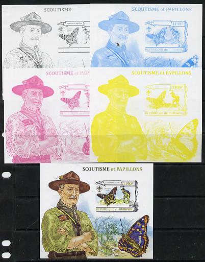 Burundi 2013 Scouting & Butterflies #4 - the set of 5 imperf progressive proofs comprising the 4 individual colours plus all 4-colour composite, unmounted mint, stamps on , stamps on  stamps on scouts, stamps on  stamps on birds, stamps on  stamps on parrots