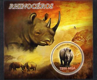 Madagascar 2014 Rhinos perf m/sheet containing one circular value unmounted mint, stamps on animals, stamps on rhinos, stamps on circular, stamps on shaped