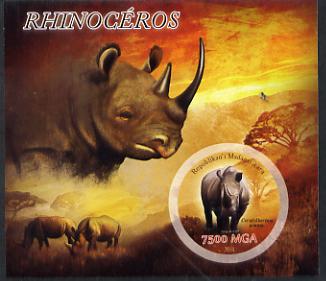 Madagascar 2014 Rhinos imperf m/sheet containing one circular value unmounted mint, stamps on animals, stamps on rhinos, stamps on circular, stamps on shaped