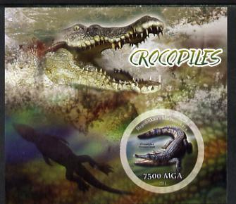 Madagascar 2014 Crocodiles imperf m/sheet containing one circular value unmounted mint, stamps on animals, stamps on reptiles, stamps on crocodiles, stamps on circular, stamps on shaped