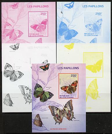 Ivory Coast 2014 Butterflies #1 m/sheet - the set of 5 imperf progressive proofs comprising the 4 individual colours plus all 4-colour composite, unmounted mint , stamps on butterflies, stamps on 