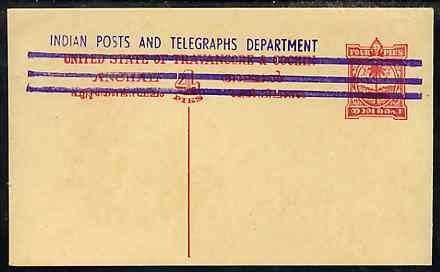 Indian States - Travancore-Cochin 1950c 4 pies p/stat card (Palm Tree) as H & G 3 but handstamped 'Indian Posts And Telegraphs Department' & original text and stamp obliterated , stamps on trees, stamps on  kg6 , stamps on 
