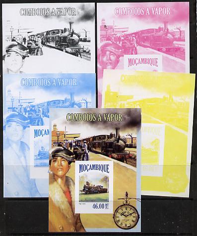 Mozambique 2013 Steam Trains #06 m/sheet - the set of 5 imperf progressive proofs comprising the 4 individual colours plus all 4-colour composite, unmounted mint , stamps on railways, stamps on clocks