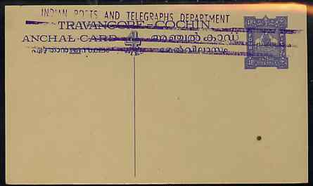 Indian States - Travancore-Cochin 1950c 4 pies p/stat card (Elephants) as H & G 4 but handstamped 'Indian Posts And Telegraphs Department' & original text and stamp obliterated with three lines in violet, stamps on , stamps on  stamps on elephants, stamps on  stamps on  kg6 , stamps on  stamps on 