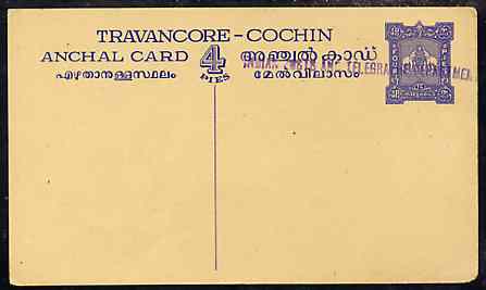 Indian States - Travancore-Cochin 1950c 4 pies p/stat card (Elephants) as H & G 4 but handstamped 'Indian Posts And Telegraphs Department' in violet, stamps on , stamps on  stamps on elephants, stamps on  stamps on  kg6 , stamps on  stamps on 