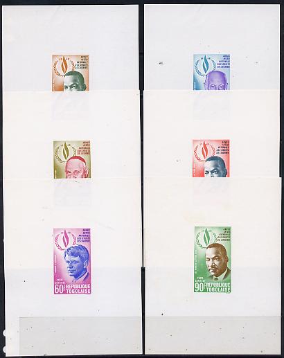 Togo 1969 Human Rights set of 6 individual imperf deluxe sheets unmounted mint as SG 628-33, stamps on , stamps on  stamps on human-rights, stamps on  stamps on personalities, stamps on  stamps on kennedy, stamps on  stamps on martin luther king, stamps on  stamps on 