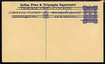 Indian States - Travancore-Cochin 1950c 4 pies p/stat card (Elephants) as H & G 4 but overprinted 'Indian Posts And Telegraphs Department' in black, original text obliterated with five horiz lines and stamp obliterated with six, stamps on elephants, stamps on  kg6 , stamps on 