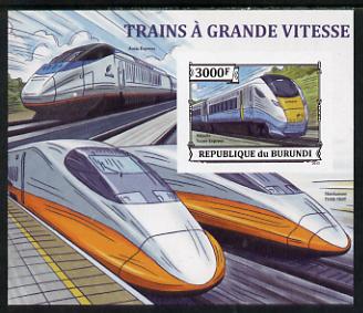 Burundi 2013 High Speed Trains - Hitachi Super Express imperf deluxe sheet unmounted mint, stamps on , stamps on  stamps on railways