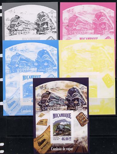 Mozambique 2013 Steam Trains #11 - LNER Tornado deluxe sheet - the set of 5 imperf progressive proofs comprising the 4 individual colours plus all 4-colour composite, unm..., stamps on railways