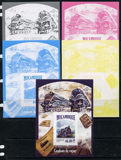 Mozambique 2013 Steam Trains #12 - Sevastopol El-2500 deluxe sheet - the set of 5 imperf progressive proofs comprising the 4 individual colours plus all 4-colour composit..., stamps on railways