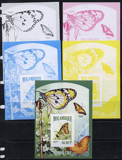 Mozambique 2013 Butterflies #5 deluxe sheet - the set of 5 imperf progressive proofs comprising the 4 individual colours plus all 4-colour composite, unmounted mint , stamps on butterflies