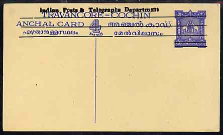 Indian States - Travancore-Cochin 1950c 4 pies p/stat card (Elephants) as H & G 4 but overprinted 'Indian Posts And Telegraphs Department' in black, original text obliterated with three horiz lines and stamp obliterated with five, stamps on , stamps on  stamps on elephants, stamps on  stamps on  kg6 , stamps on  stamps on 