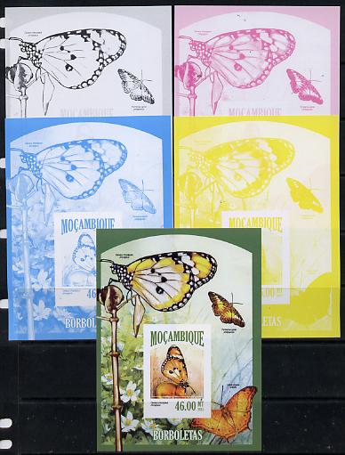 Mozambique 2013 Butterflies #7 deluxe sheet - the set of 5 imperf progressive proofs comprising the 4 individual colours plus all 4-colour composite, unmounted mint , stamps on butterflies