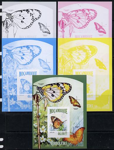 Mozambique 2013 Butterflies #8 deluxe sheet - the set of 5 imperf progressive proofs comprising the 4 individual colours plus all 4-colour composite, unmounted mint 